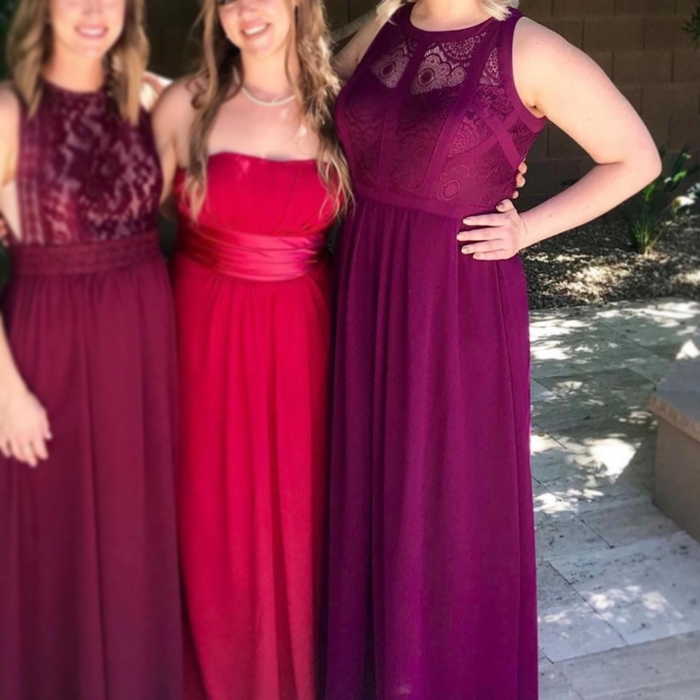 Burgundy gown, bridesmaid dress, lace top, floor length, Sz 14